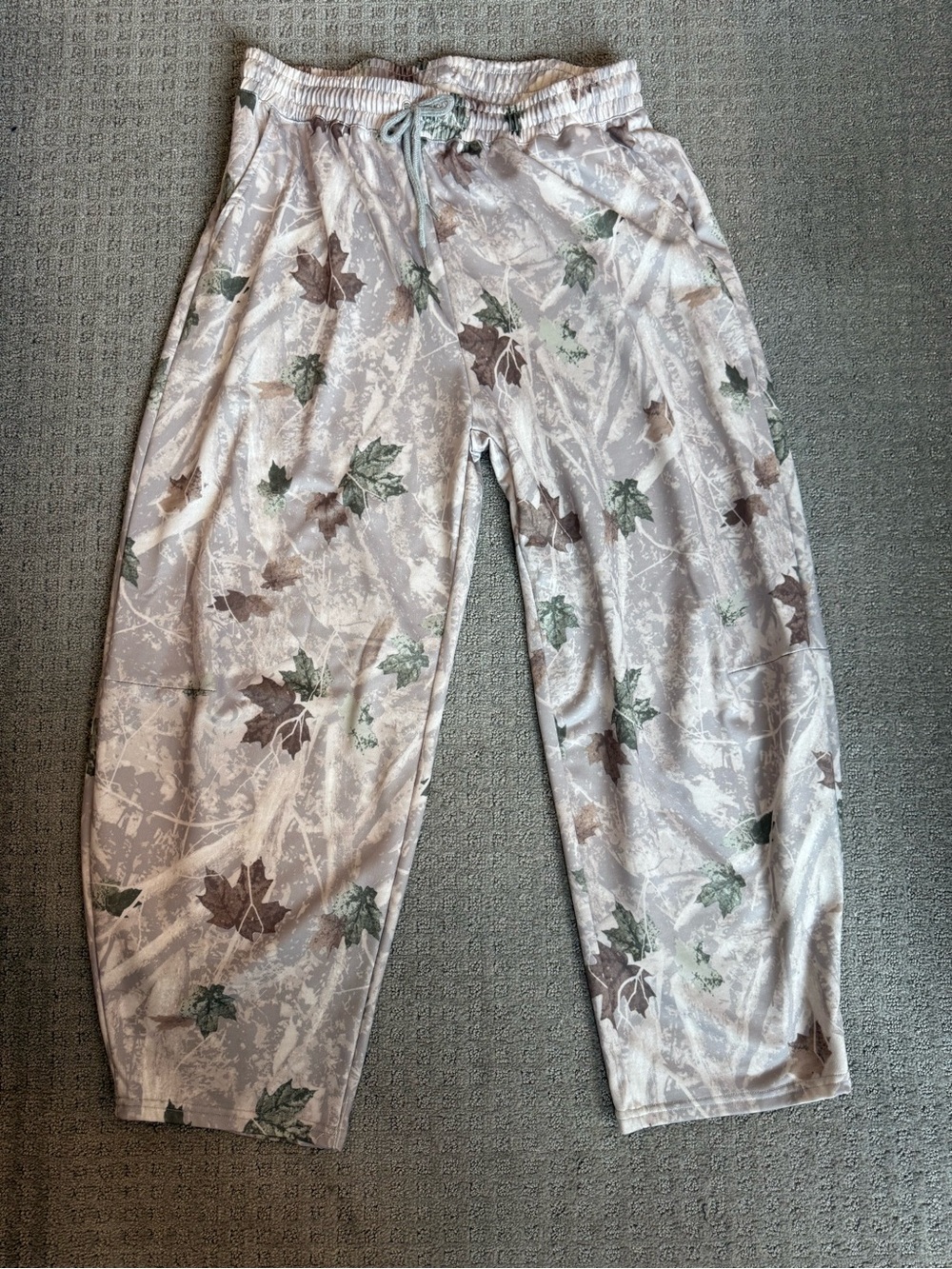 Amazon Women's Leaf-Print Joggers in Light Gray, Brown, and Green